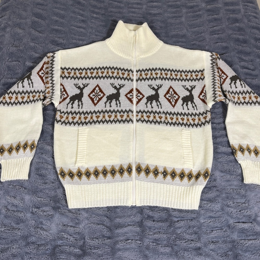 Scandia Woods Mens XL Vintage Full Zip Fair Isle Reindeer Sweater Ecru White